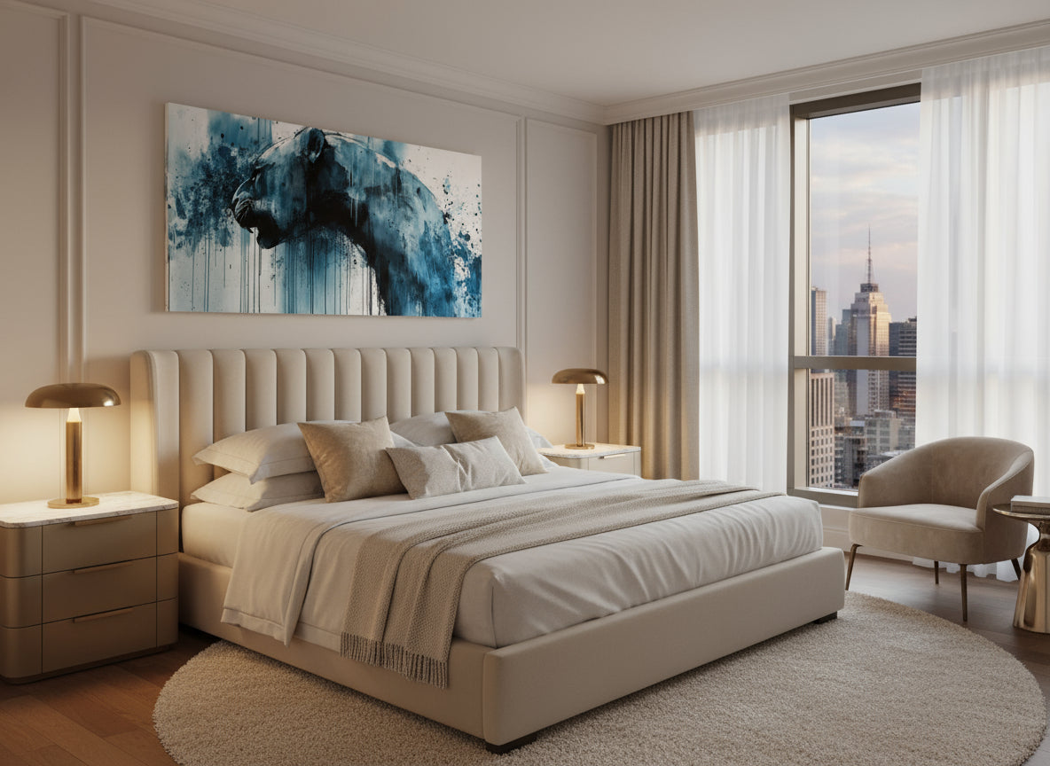 Modern bedroom with beige bed, nightstands, and a cityscape view,  abstract fine art lioness print on the wall above the bed.