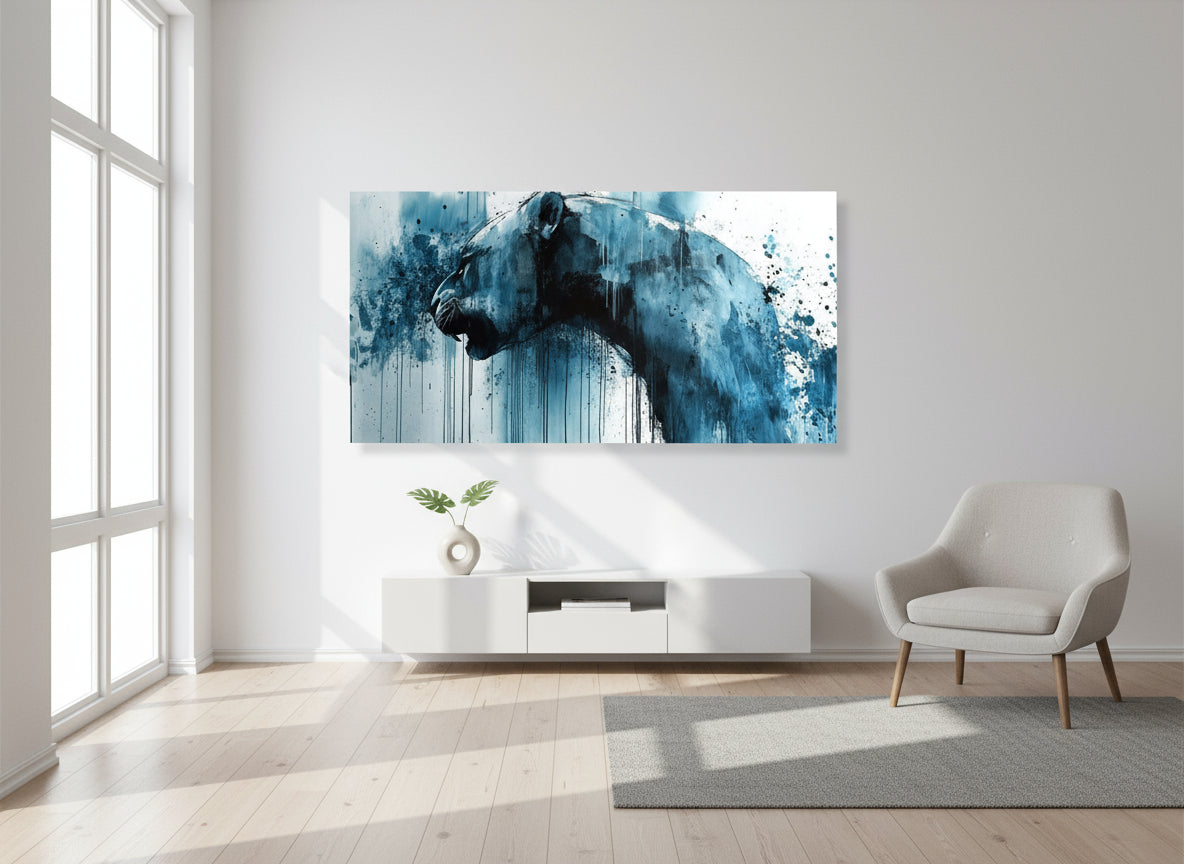 Modern living room with a large  abstract fine art lioness print on the wall.