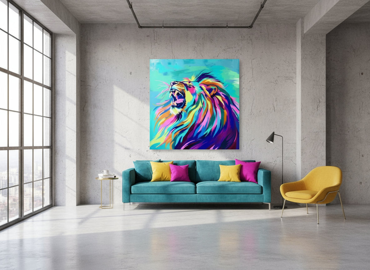 Modern living room with a colorful lion painting on the wall, turquoise sofa, and yellow chair.