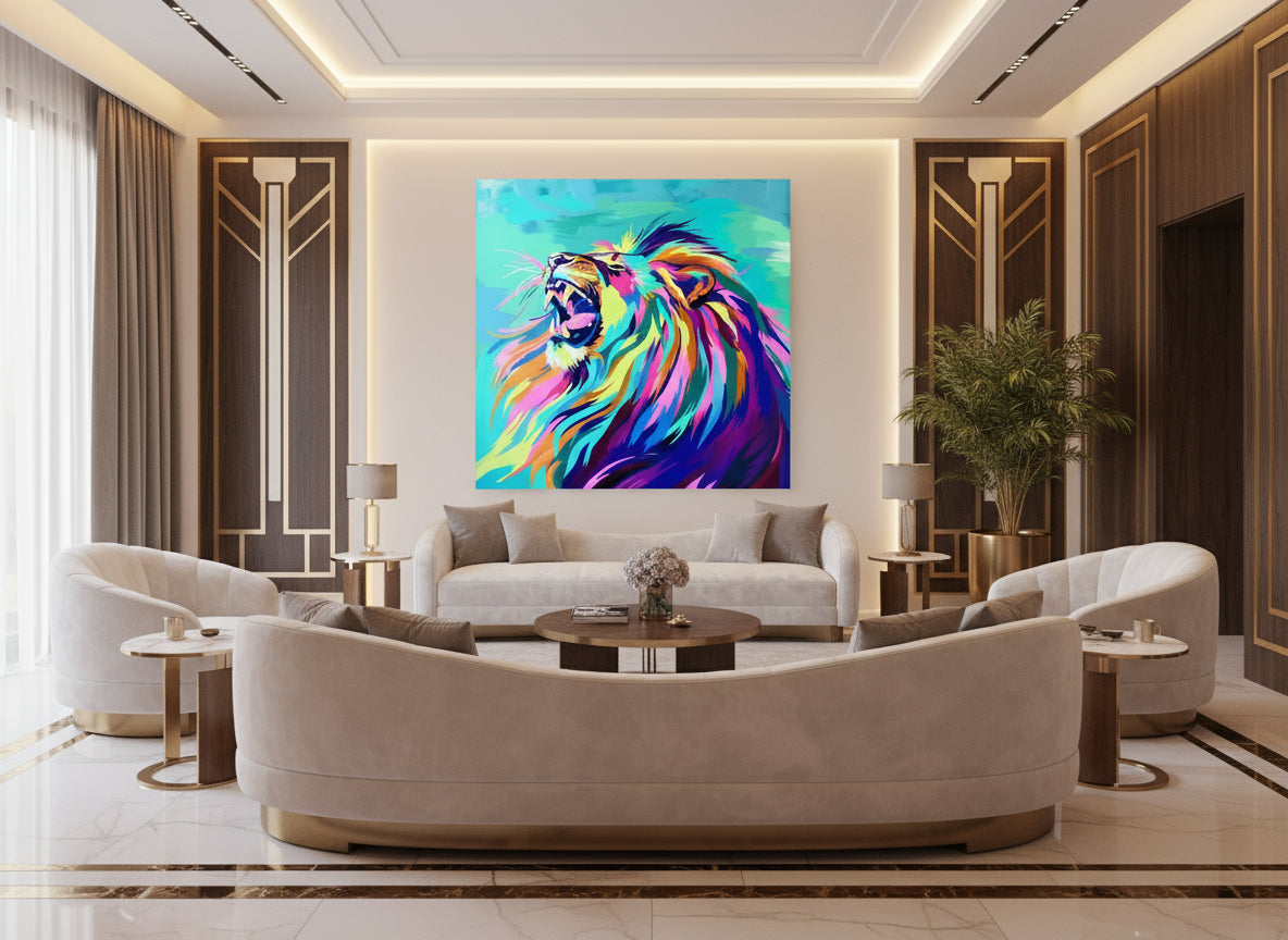 Modern living room with a colorful fine art lion print on the wall