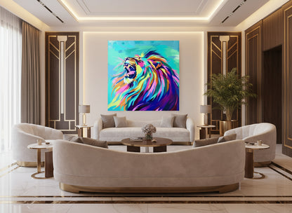 Modern living room with a colorful fine art lion print on the wall