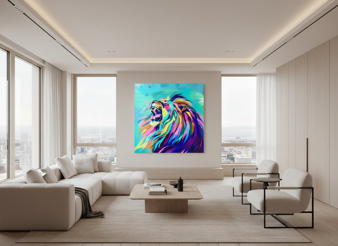 Modern living room with a colorful fine art lion print on the wall