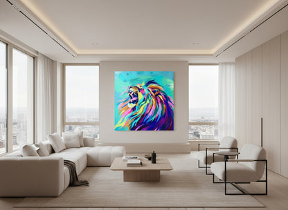 Modern living room with a colorful fine art lion print on the wall