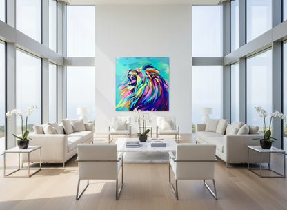 Modern luxurious penthouse living room in white thones with tall windows and with a statement colorful fine art lion print on the wall