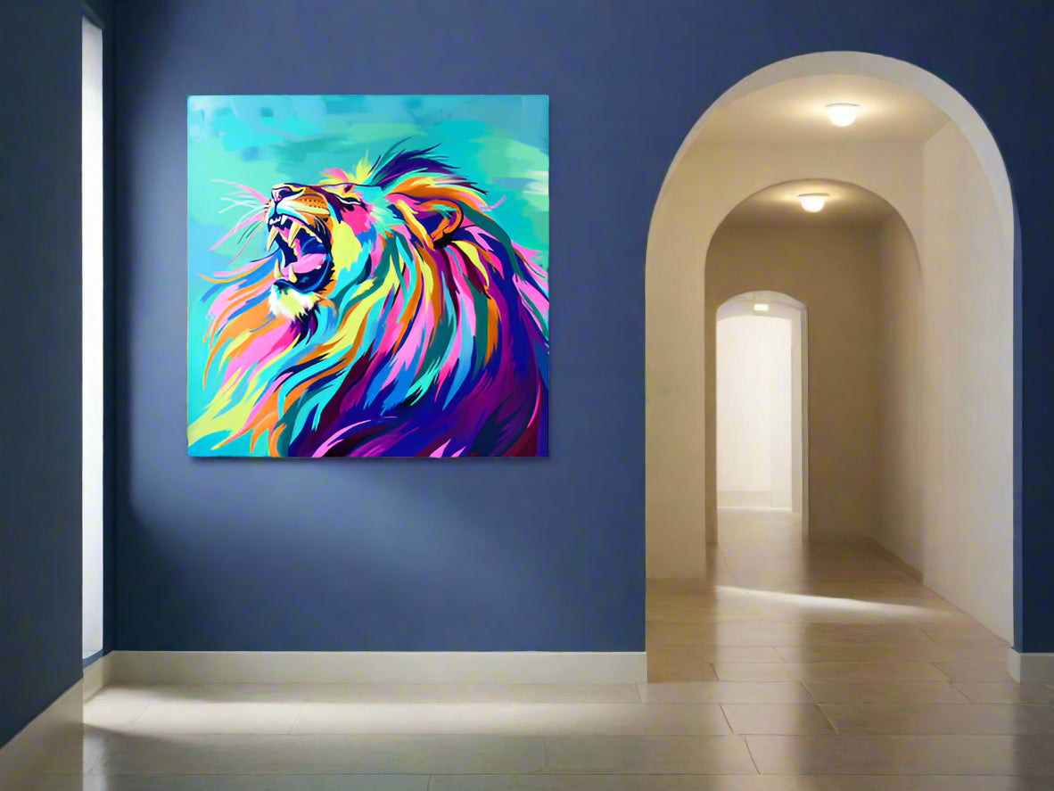 Colorful lion painting on a blue wall in a hallway