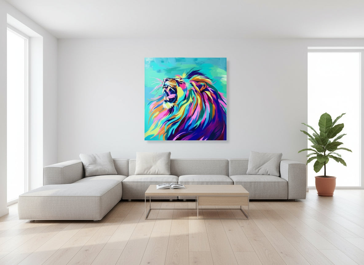 Modern living room with a colorful fine art lion print on the wall