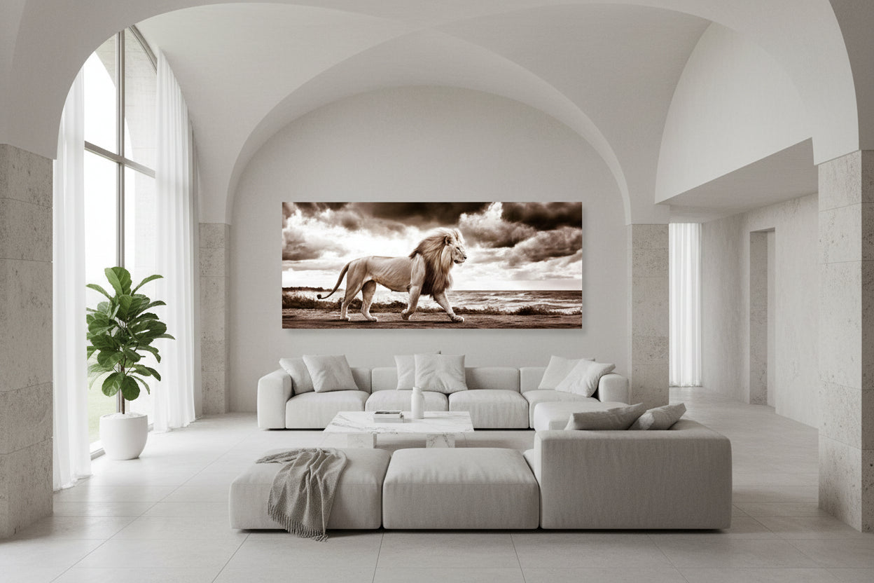Luxury villa interior showcasing an oversized fine art lion artwork on a clean feature wall.