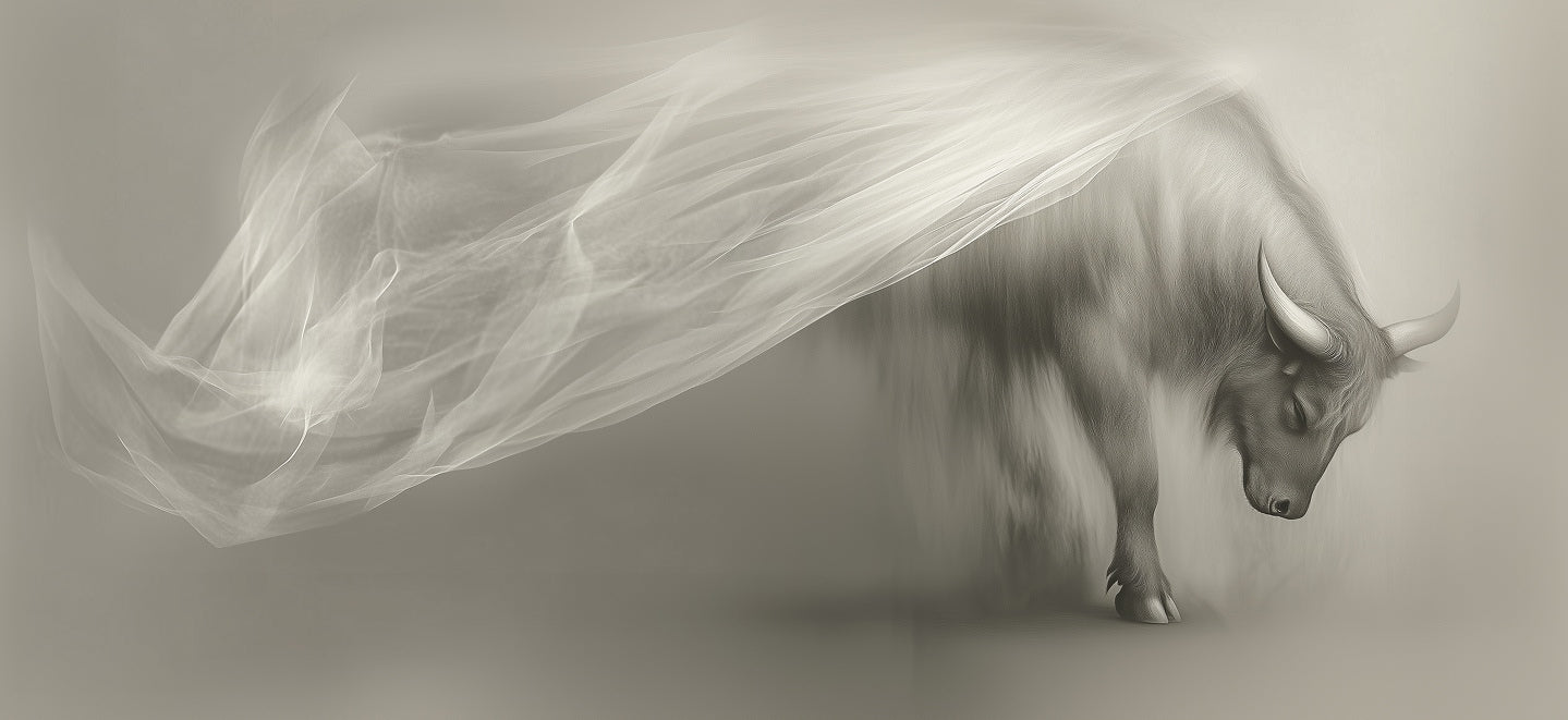 Monochrome image of a bull with flowing translucent aura against a neutral background