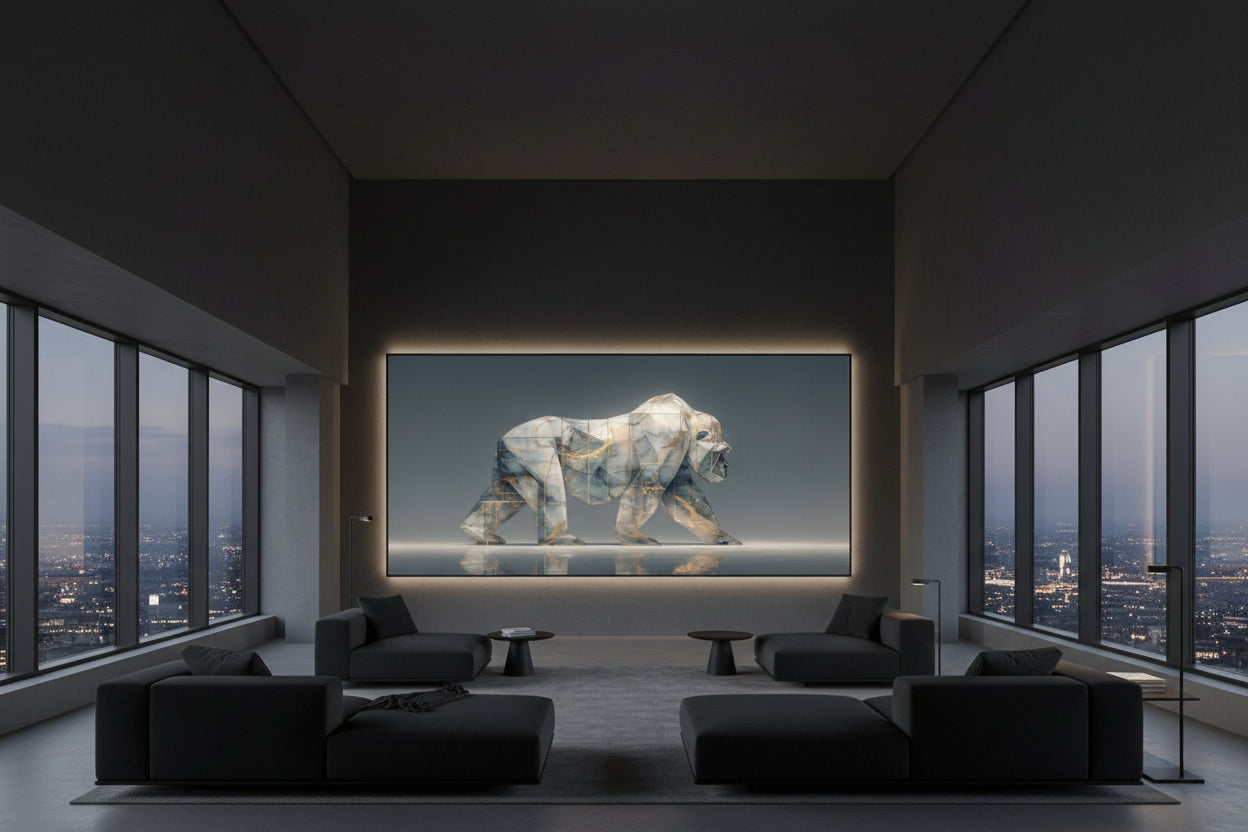Framed gorilla artwork in rooftop lounge with city skyline