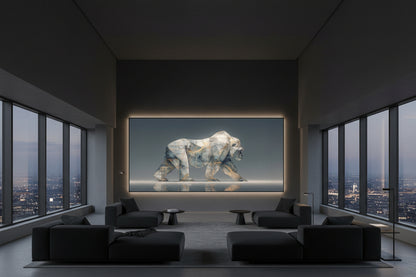 Framed gorilla artwork in rooftop lounge with city skyline