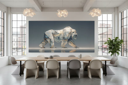 Framed gorilla artwork in luxury creative office with city view