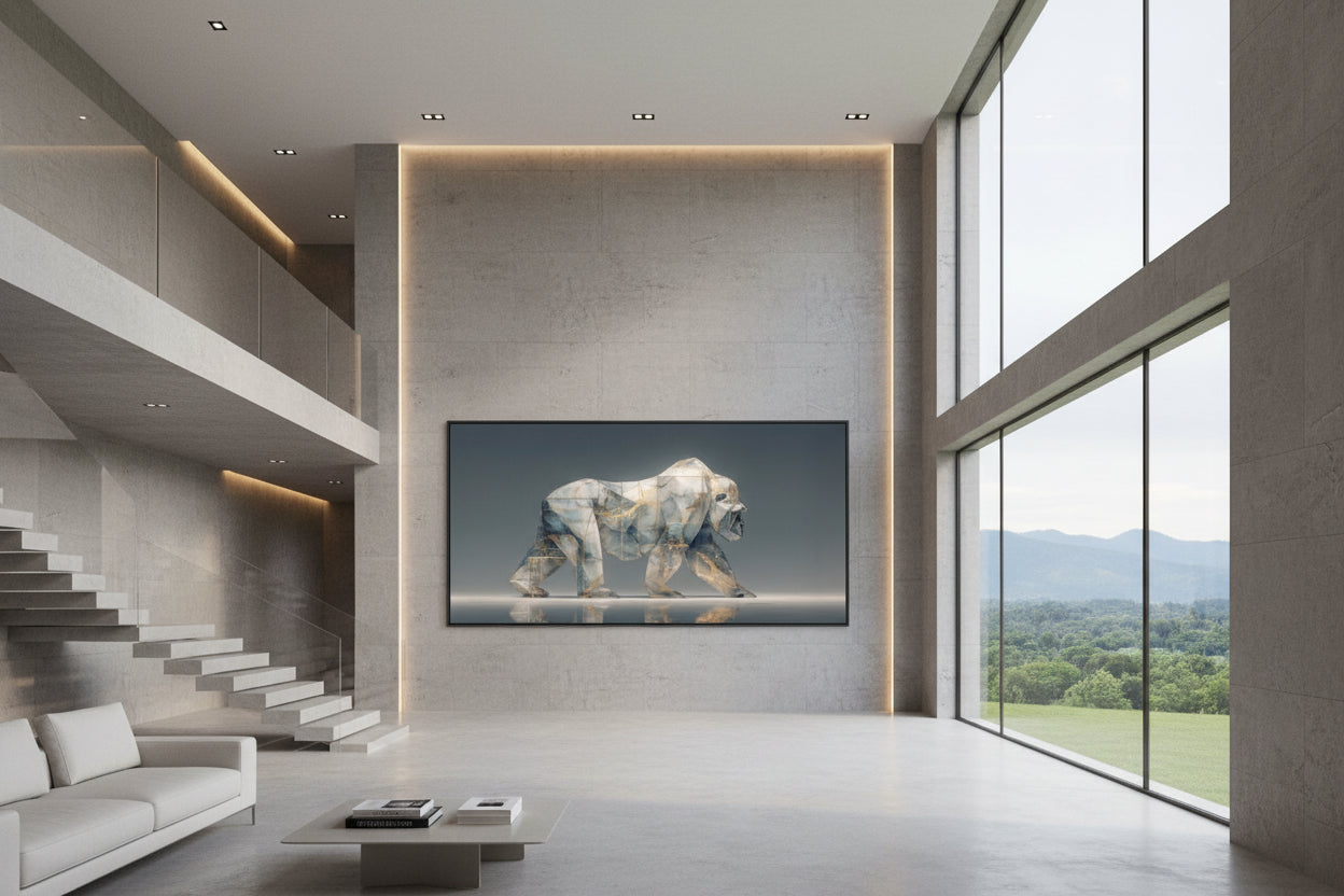 Framed gorilla wall art in architectural hall with staircase