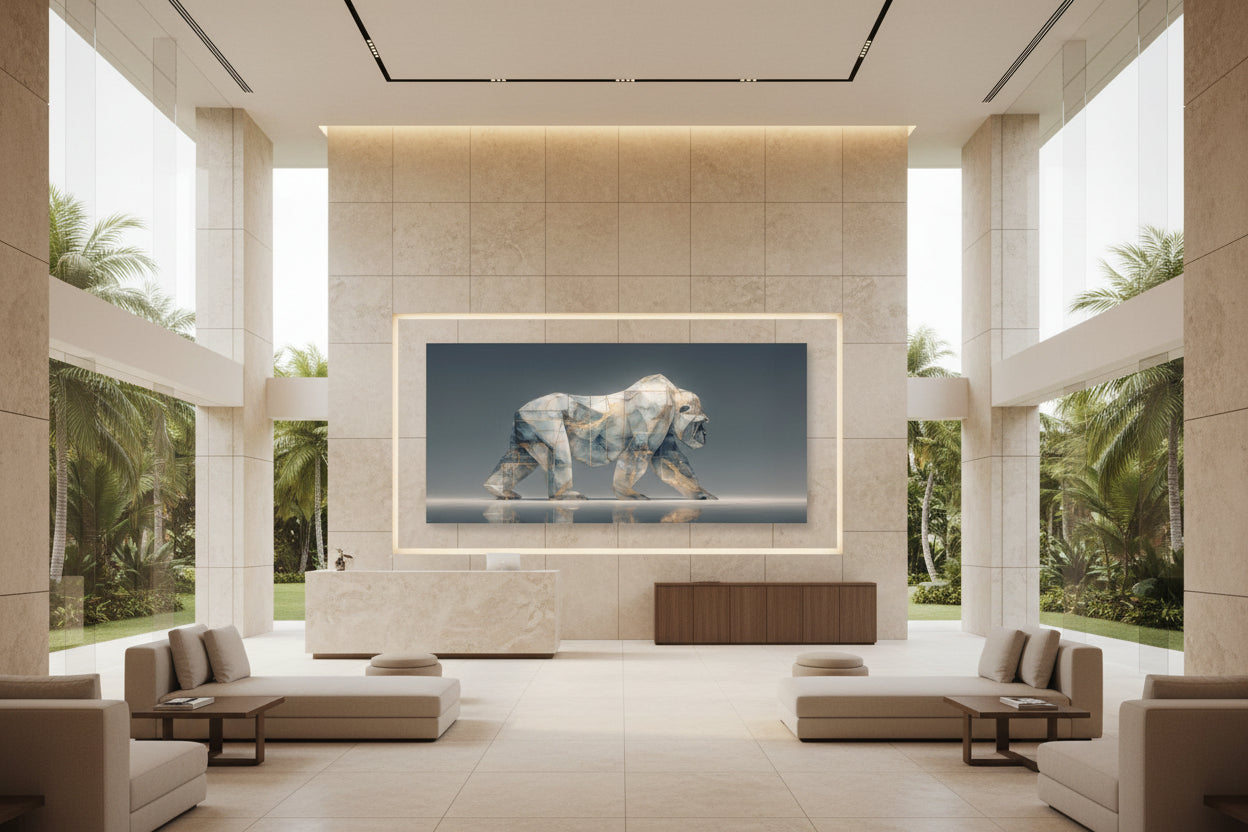 Large gorilla wall art in ultra luxury Spa Reception area with resort view