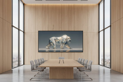 Framed gorilla artwork in executive boardroom with city view