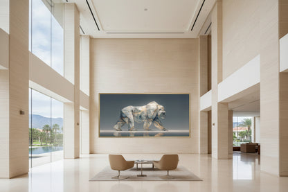 Large gorilla wall art in ultra luxury hotel lobby with resort view