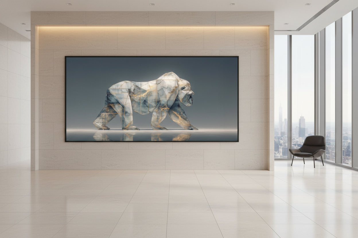 Framed gorilla wall art in penhouse apartment hall with city view