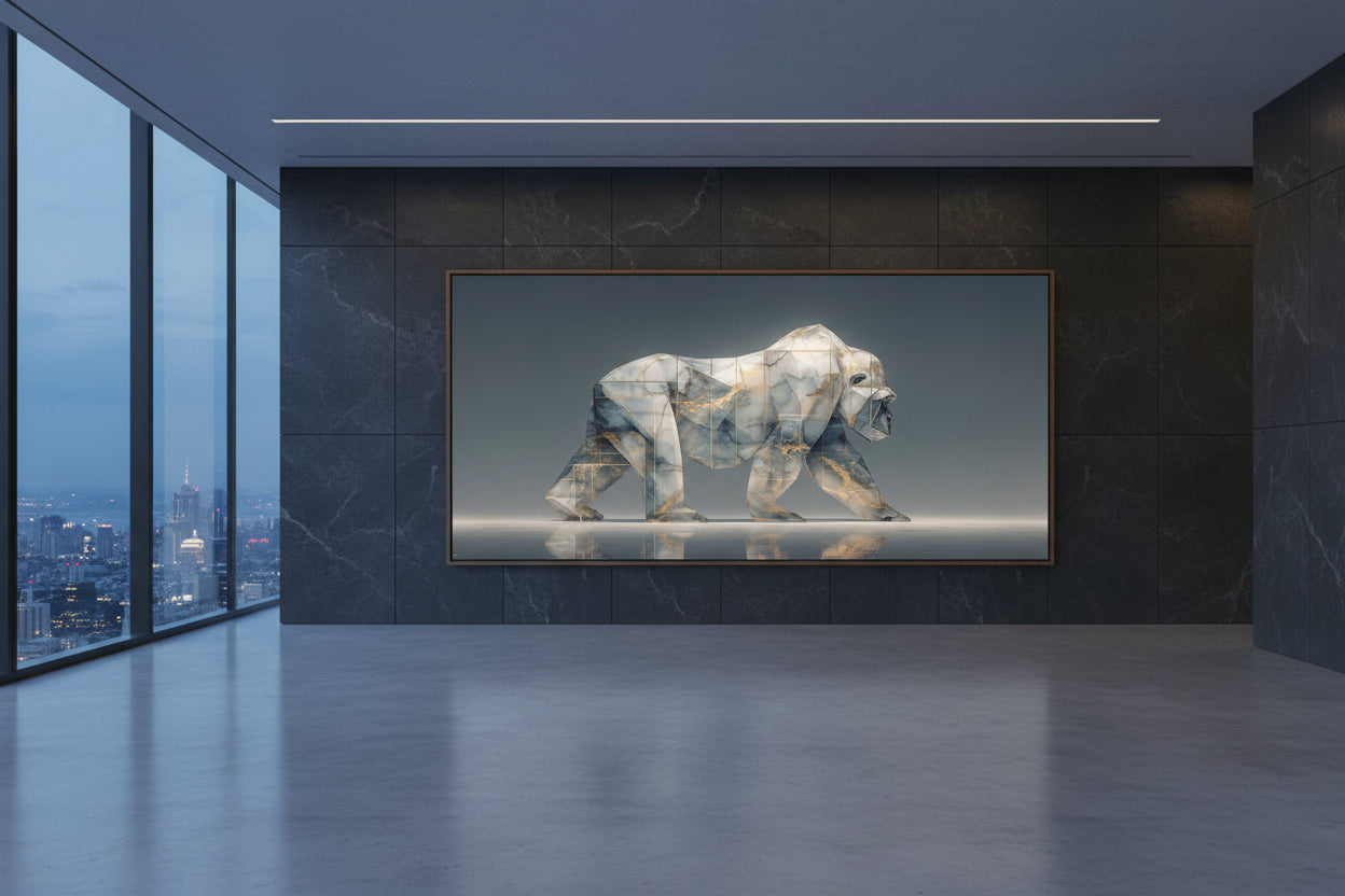 Framed gorilla artwork in rooftop hal with city skyline view