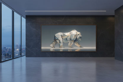 Framed gorilla artwork in rooftop hal with city skyline view