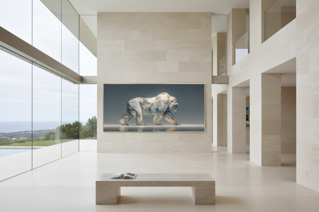 Large gorilla wall art in ultra luxury hall with pool and landscape view