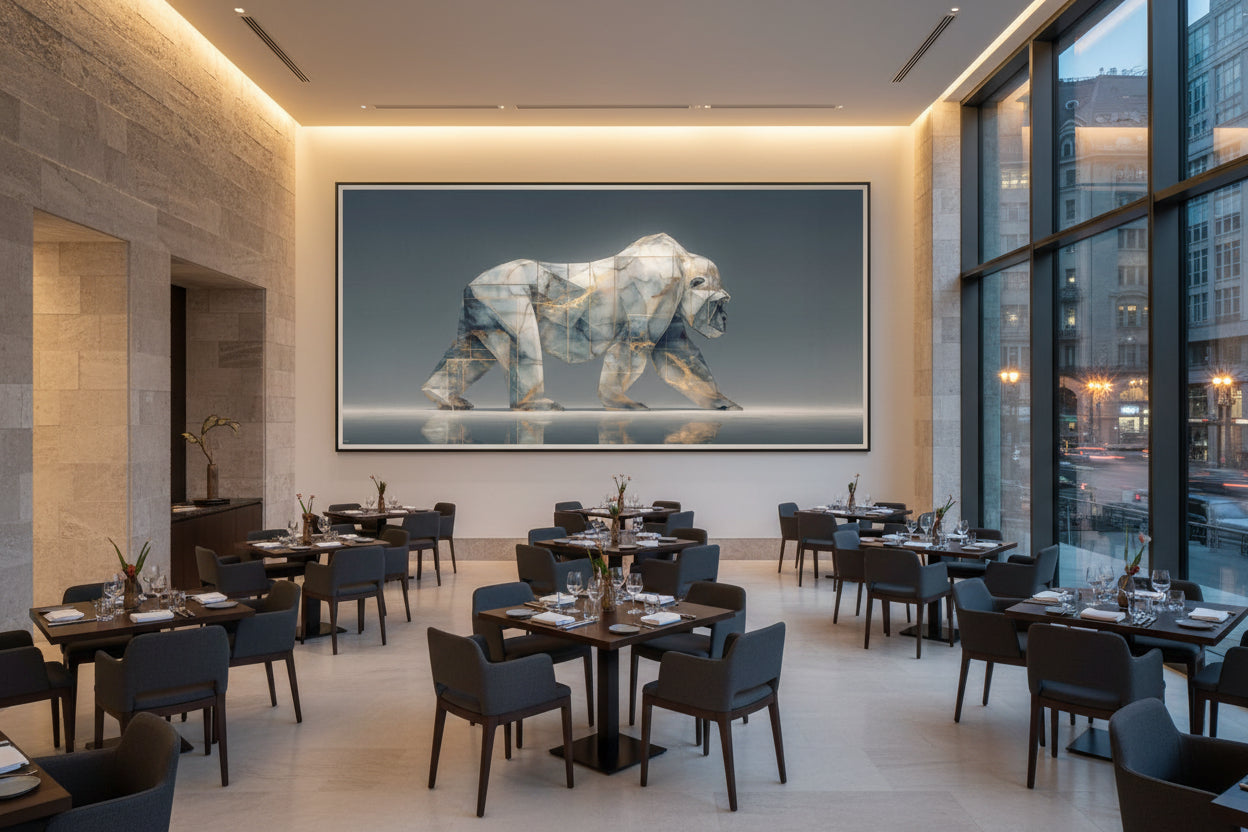 Framed gorilla wall art in luxury fine dining restaurant