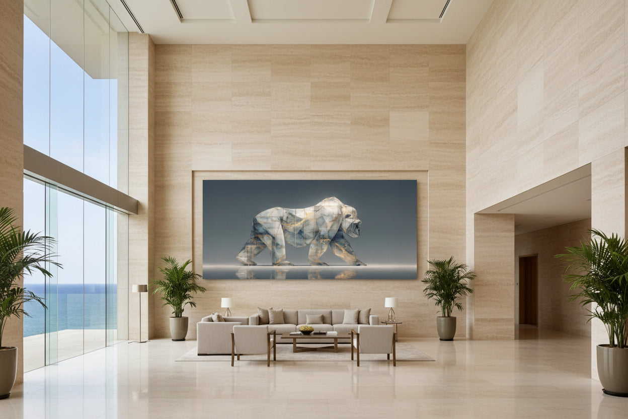 Large gorilla wall art in ultra luxury hotel lounge area with sea view