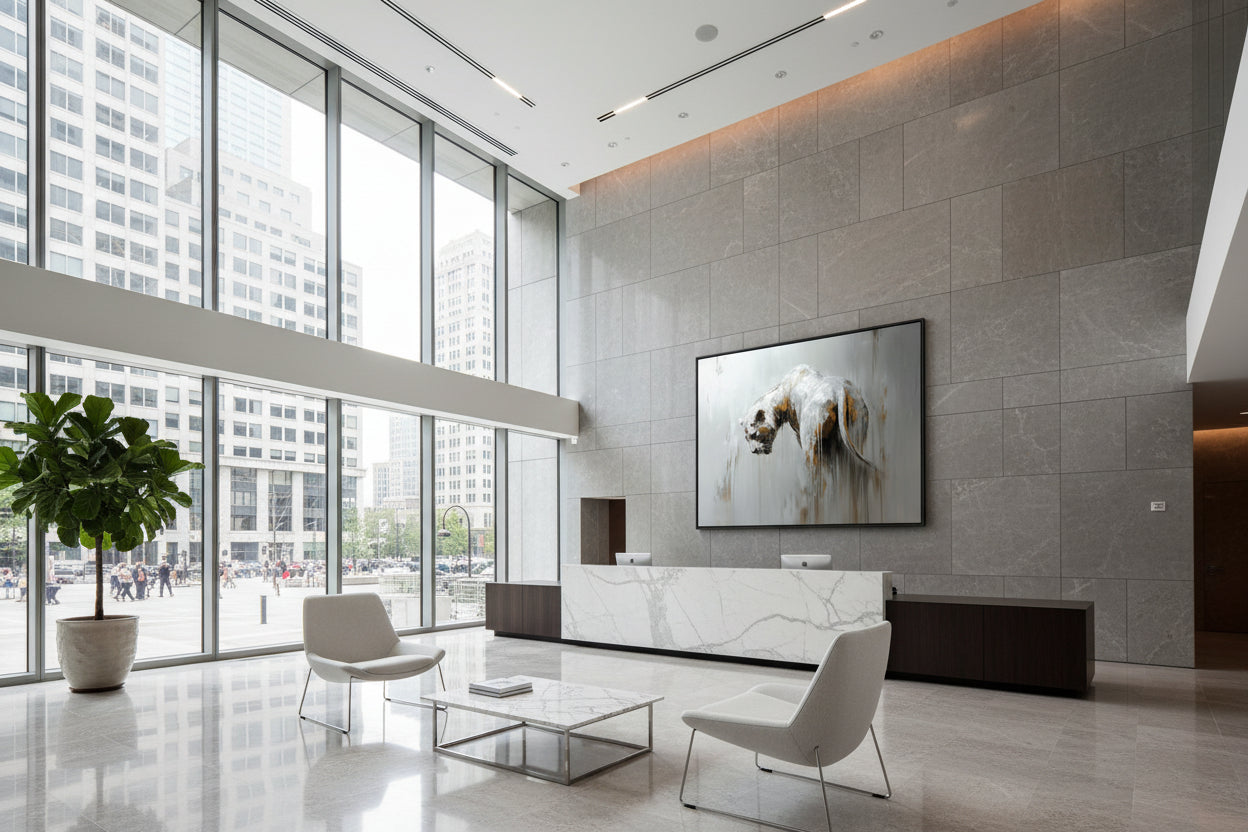 Statement lion artwork displayed on stone feature wall behind reception desk in contemporary corporate lobby.