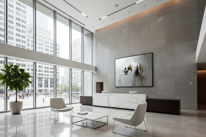 Statement lion artwork displayed on stone feature wall behind reception desk in contemporary corporate lobby.