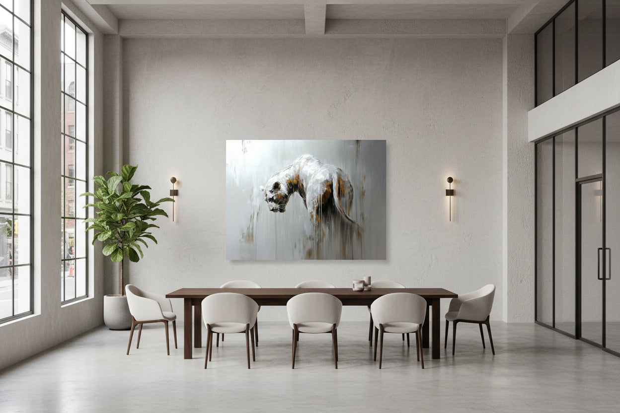 statement lion artwork mounted on wide plaster wall in modern creative office with industrial windows.