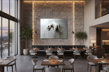Large lion artwork installed above banquette seating along textured dining wall in contemporary restaurant.