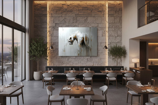 Large lion artwork installed above banquette seating along textured dining wall in contemporary restaurant.