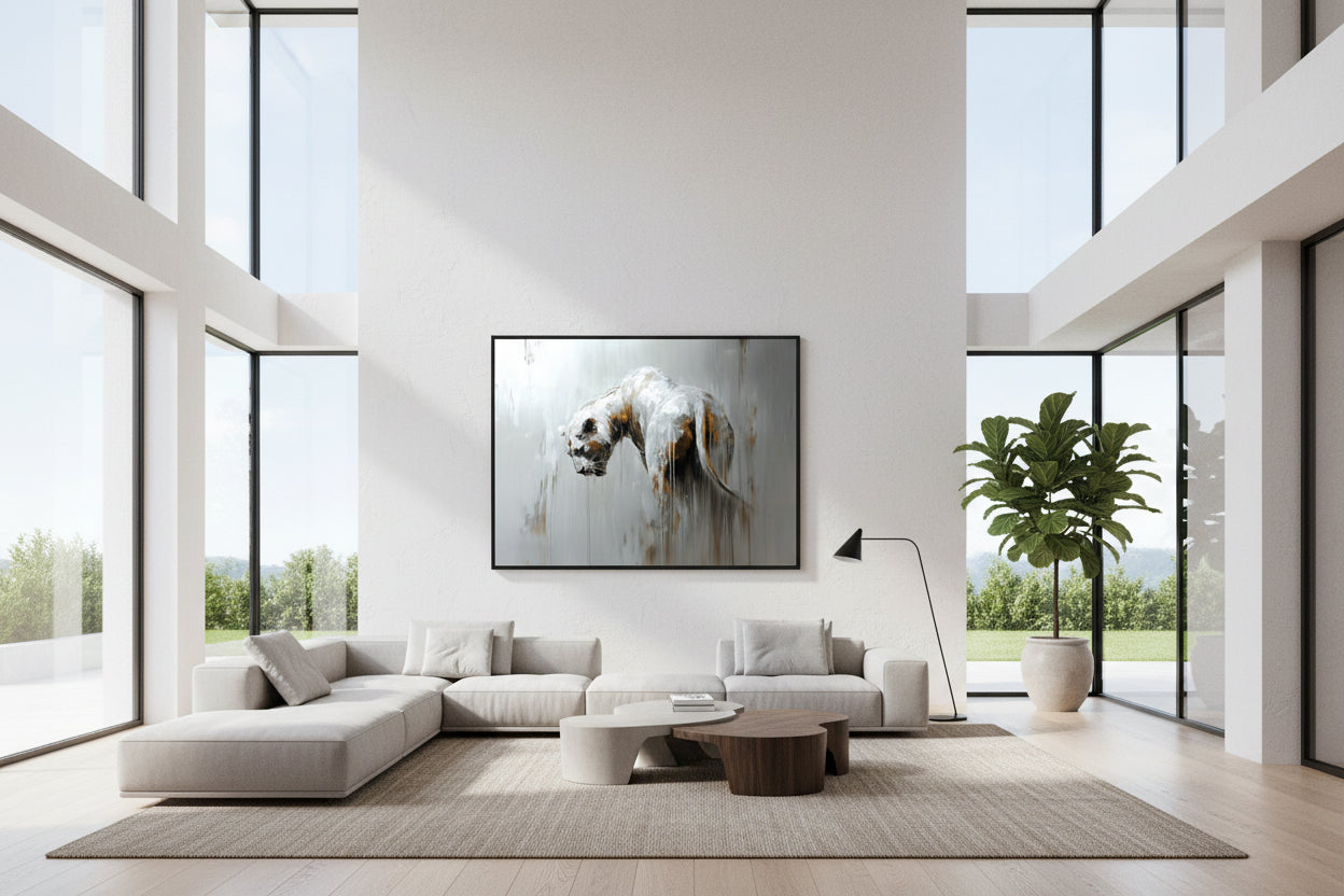 Modern living room with a large abstract painting on the wall
