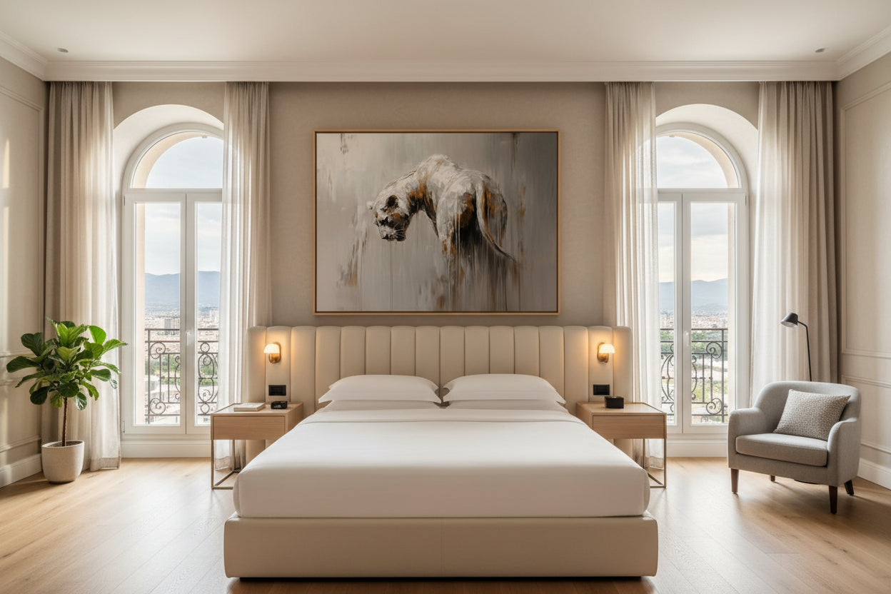 Modern bedroom with a large bed, armchair, and artwork on the wall.