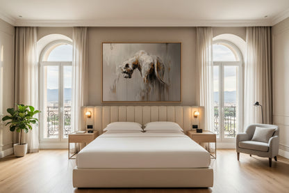 Modern bedroom with a large bed, armchair, and artwork on the wall.