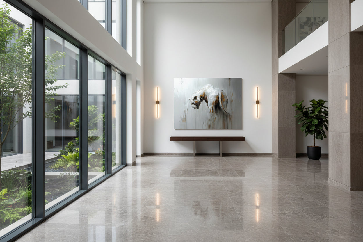 Modern hotel hallway interior  with large windows, a fine art painting on the wall, large windows towards atrium with plants.
