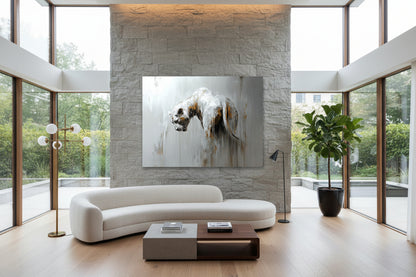 Modern living room with a large abstract painting on a stone wall.