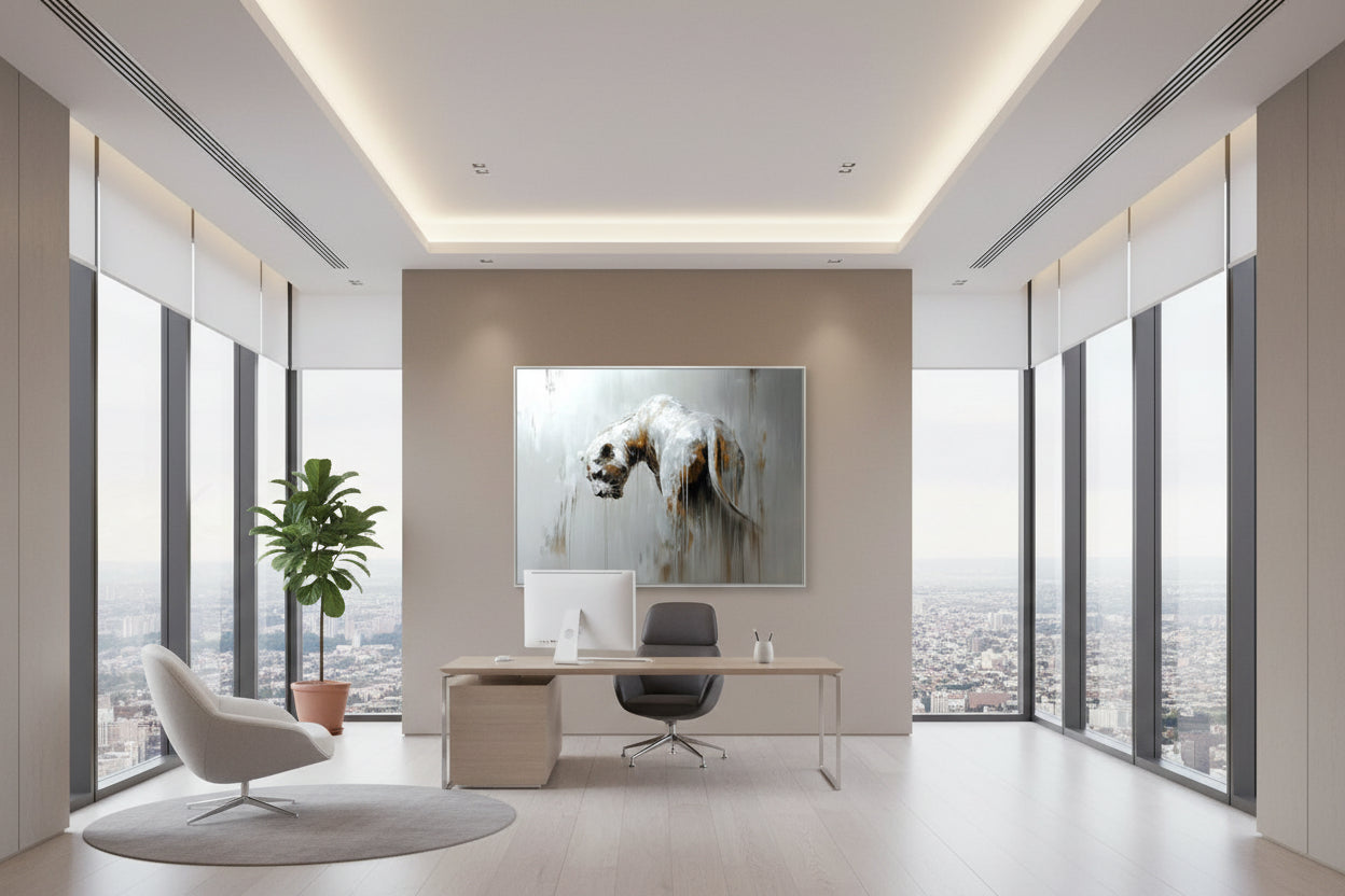 Modern office space with a large fine art artwork of a lion on the wall as the focal point, surrounded by large windows.