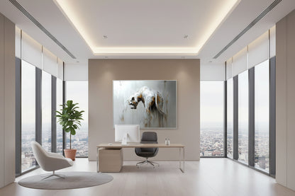 Modern office space with a large fine art artwork of a lion on the wall as the focal point, surrounded by large windows.