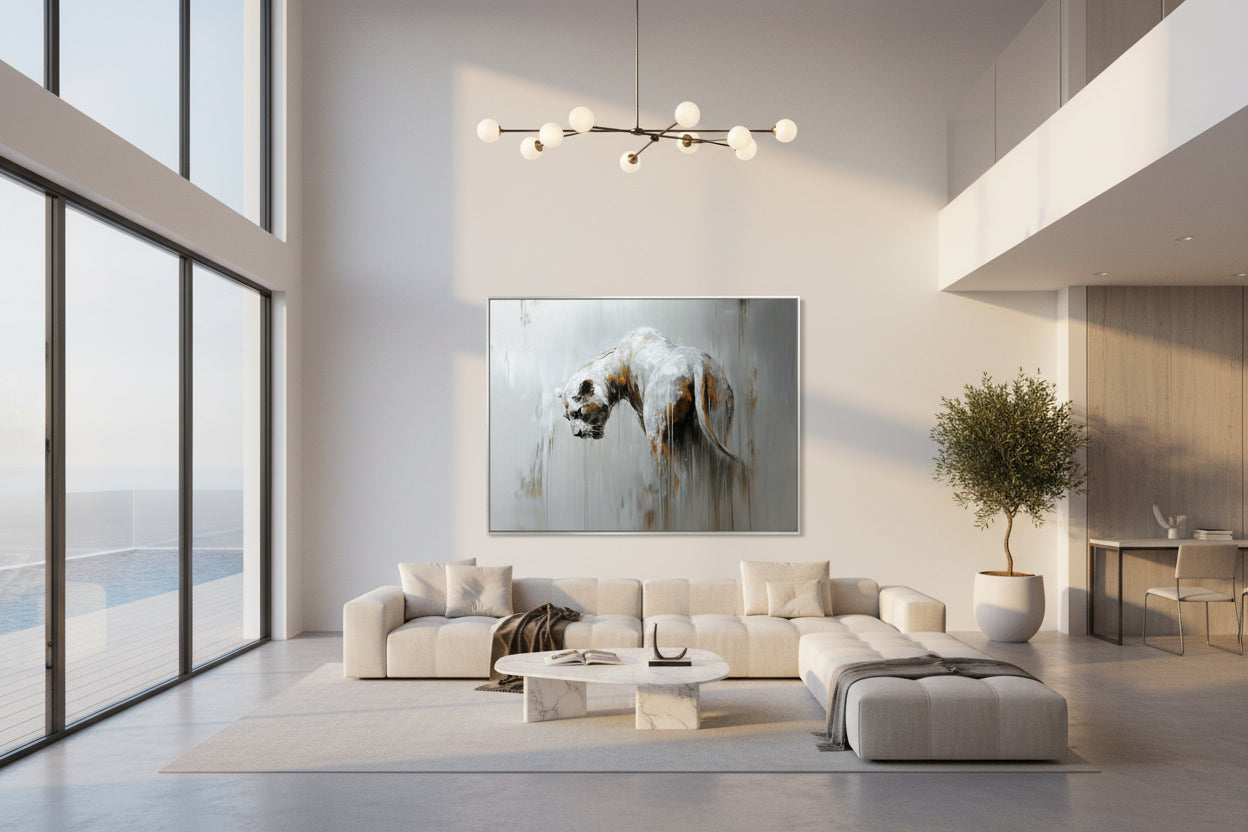 Modern living room with a large sofa, coffee table, and fine art wall art of a lion as the focal point