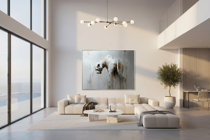 Modern living room with a large sofa, coffee table, and fine art wall art of a lion as the focal point