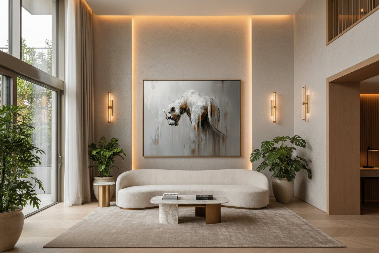 Statement lion wall art with slim brass frame displayed above curved sofa in boutique hotel lounge with tall windows.