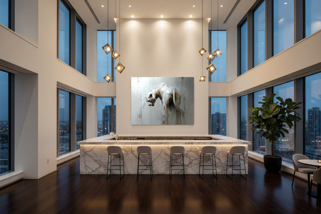 Statement lion artwork displayed on feature wall behind marble bar counter in luxury hotel bar interior.