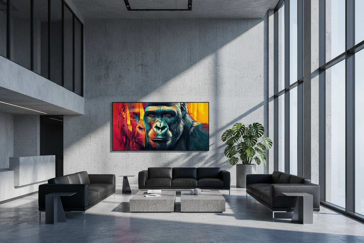 Large 300 cm wide gorilla artwork installed on massive feature wall in double-height corporate atrium with glass façade.