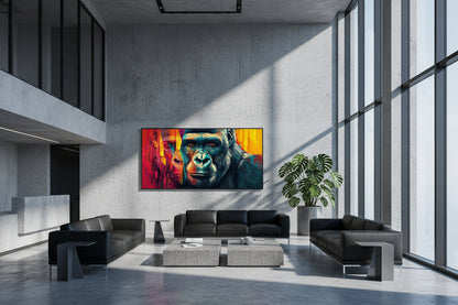 Large 300 cm wide gorilla artwork installed on massive feature wall in double-height corporate atrium with glass façade.