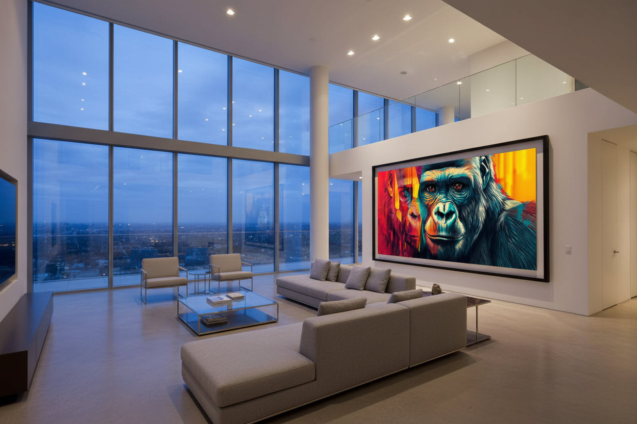 Oversized horizontal gorilla artwork dominating open wall in penthouse with floor-to-ceiling panoramic windows.