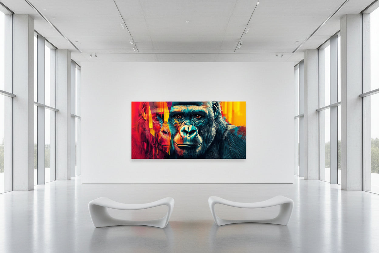 Oversized horizontal gorilla statement artwork spanning expansive white gallery wall with very high ceilings.