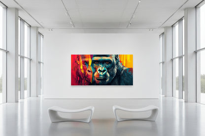 Oversized horizontal gorilla statement artwork spanning expansive white gallery wall with very high ceilings.