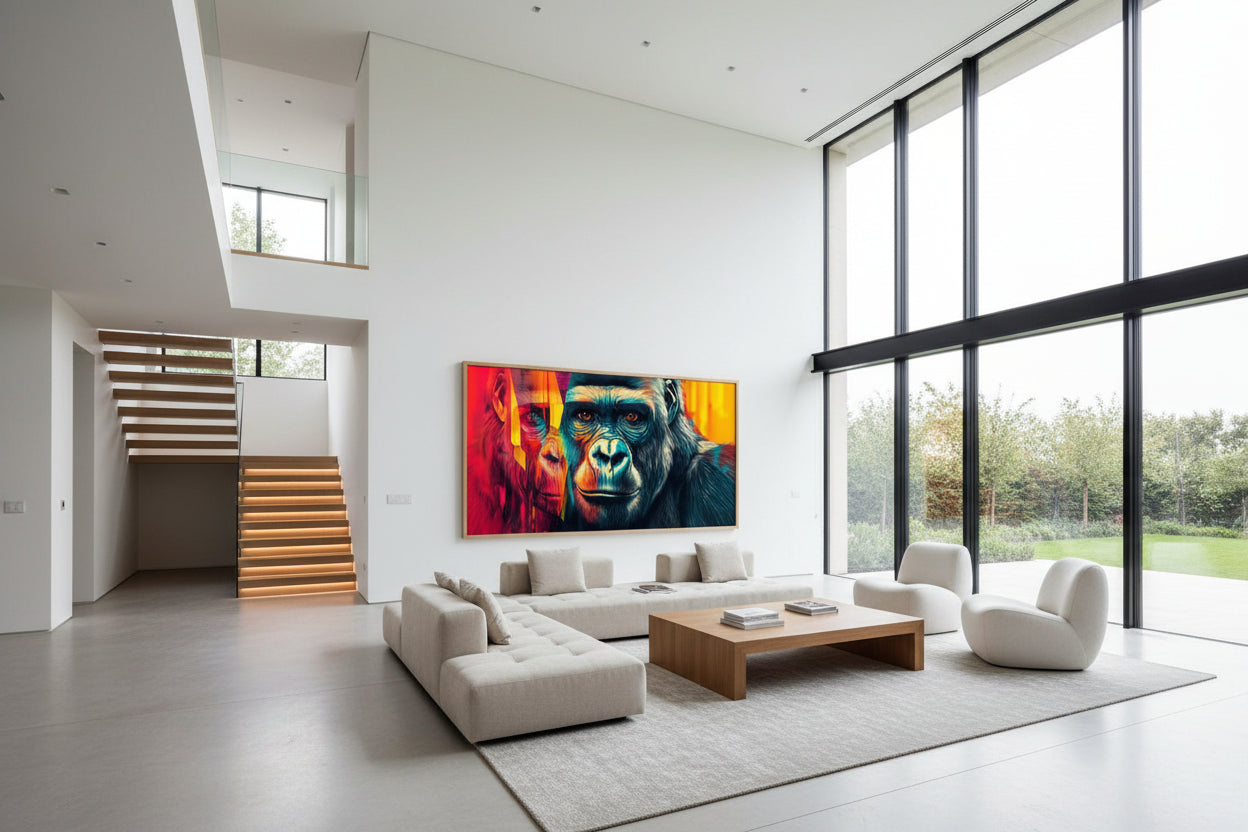 Oversized horizontal wildlife artwork displayed on expansive plaster wall in modern villa with high ceilings and glass walls.