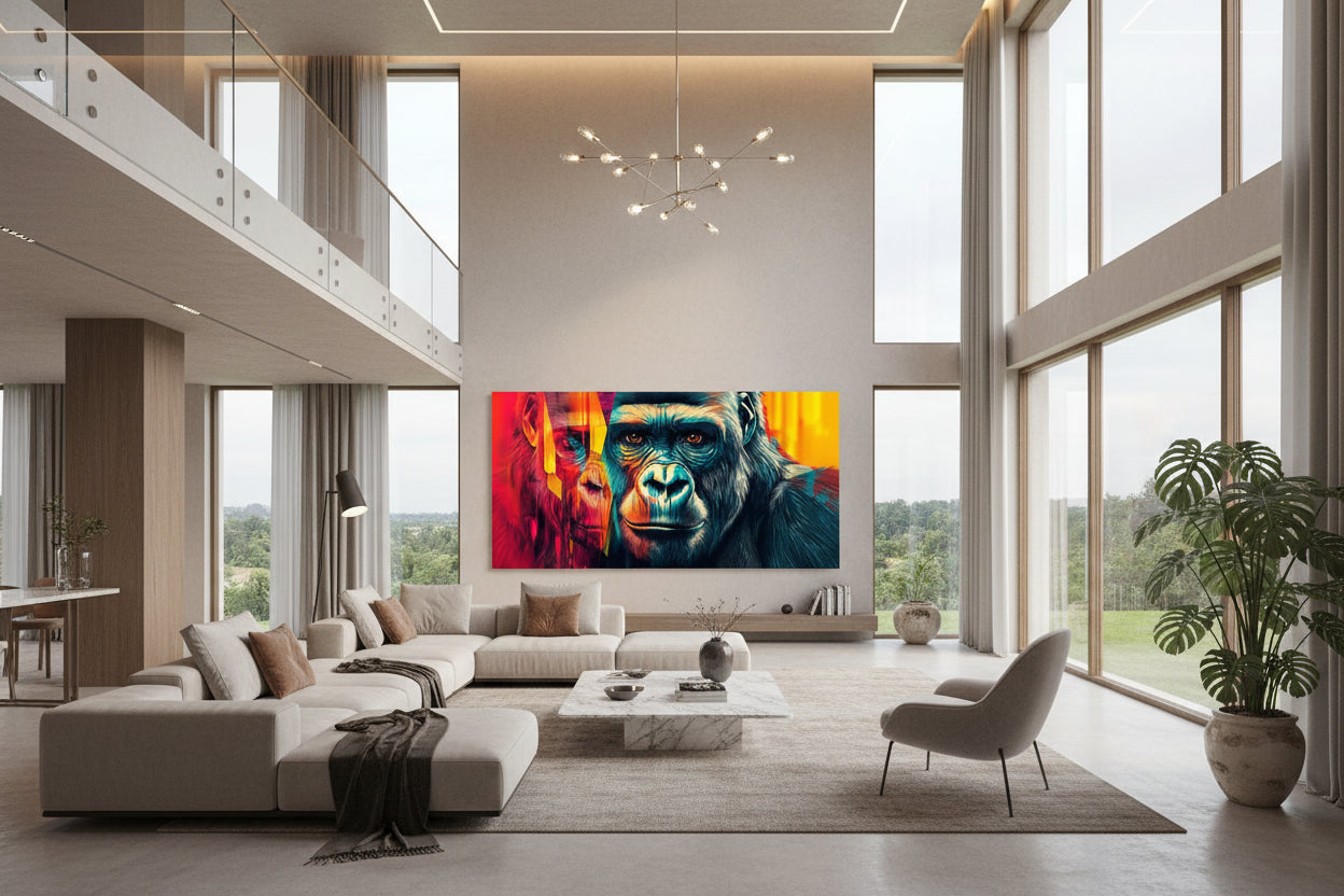 Oversized horizontal wildlife artwork displayed on expansive plaster wall in modern villa with high ceilings and glass walls.