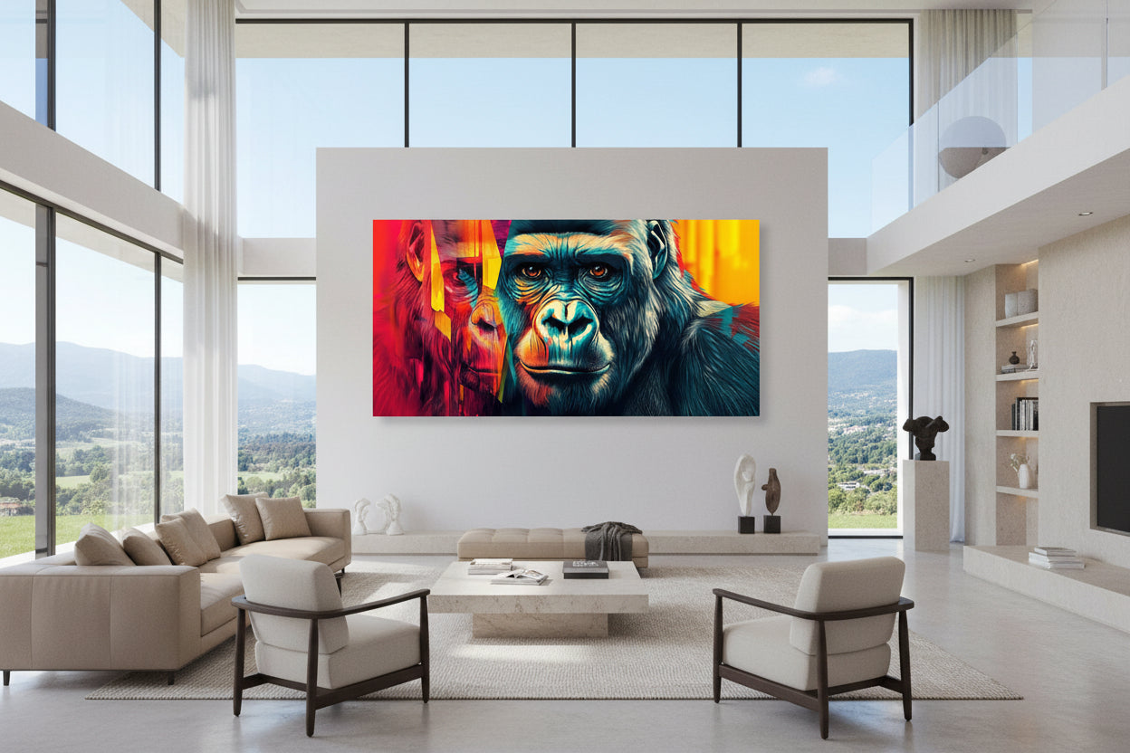 Oversized horizontal wildlife artwork displayed on expansive plaster wall in modern villa with high ceilings and glass walls.