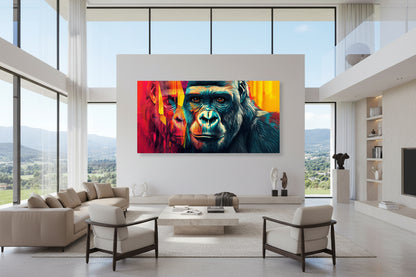 Oversized horizontal wildlife artwork displayed on expansive plaster wall in modern villa with high ceilings and glass walls.